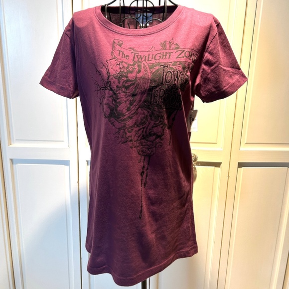 Disney Tower of Terror Twilight Zone T Shirt SZ XL Jr Purple & Black Glitter NWT - Picture 1 of 12